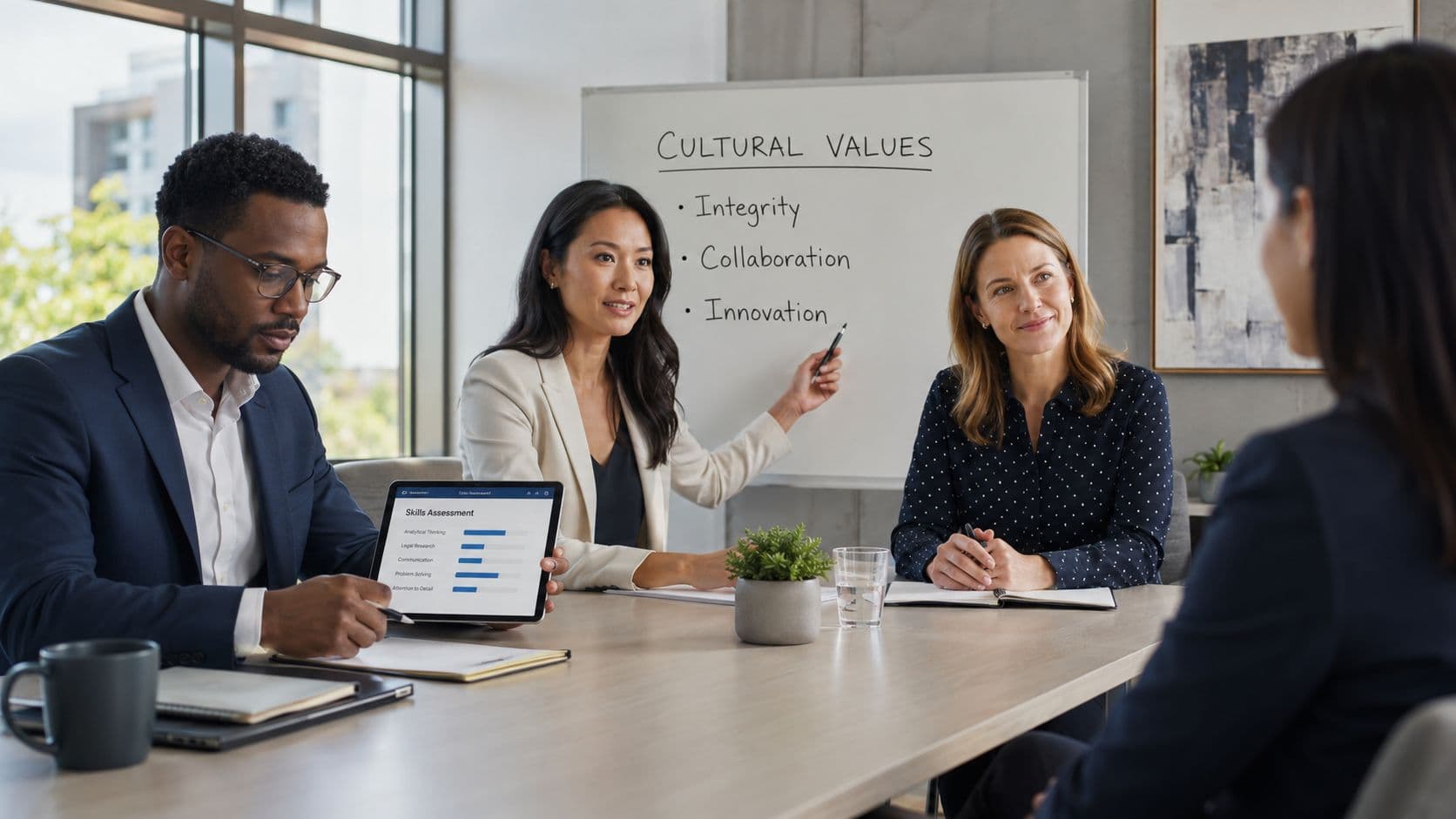 A diverse group of professionals conducting a job interview with a candidate in a modern office setting.