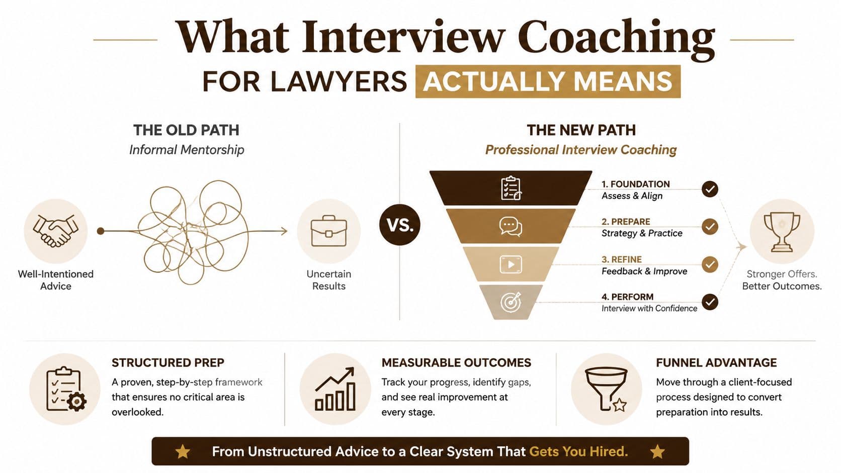 A diagram comparing the informal old path of lawyer interview prep versus a structured professional coaching system.