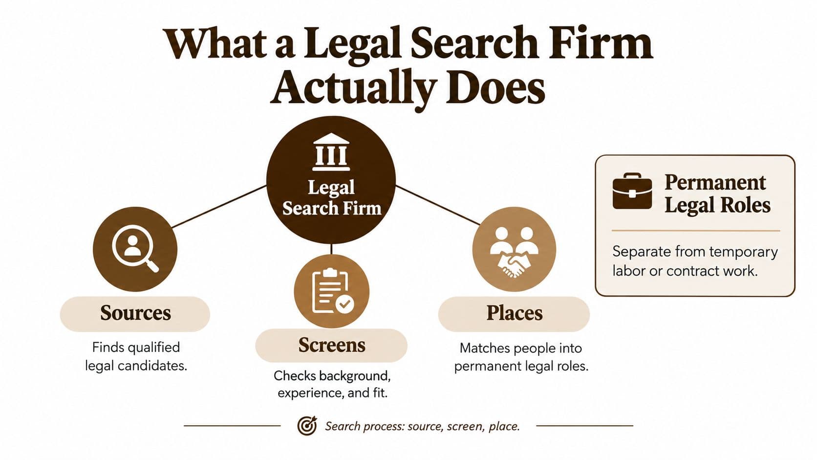 An infographic titled What a Legal Search Firm Actually Does, illustrating the source, screen, and place process.