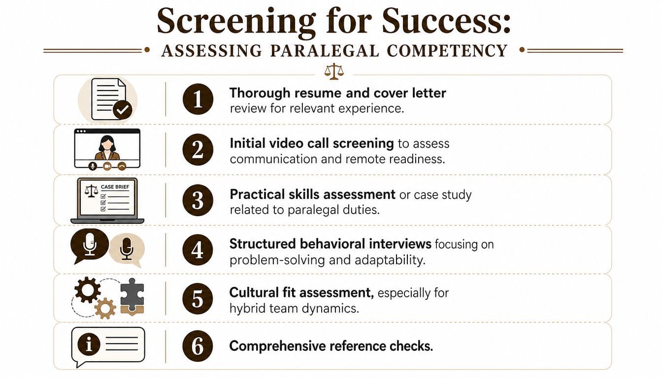 A six-step infographic detailing the process for screening and assessing the competency of prospective paralegals.