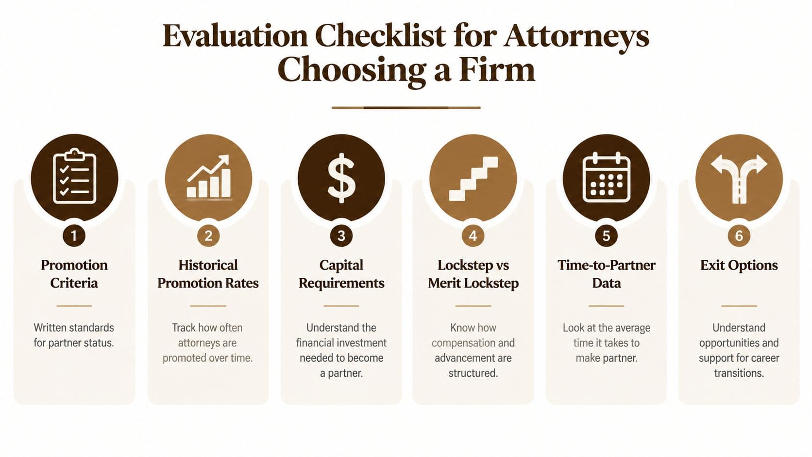 A six-point evaluation checklist for attorneys to consider when choosing a law firm for partnership.