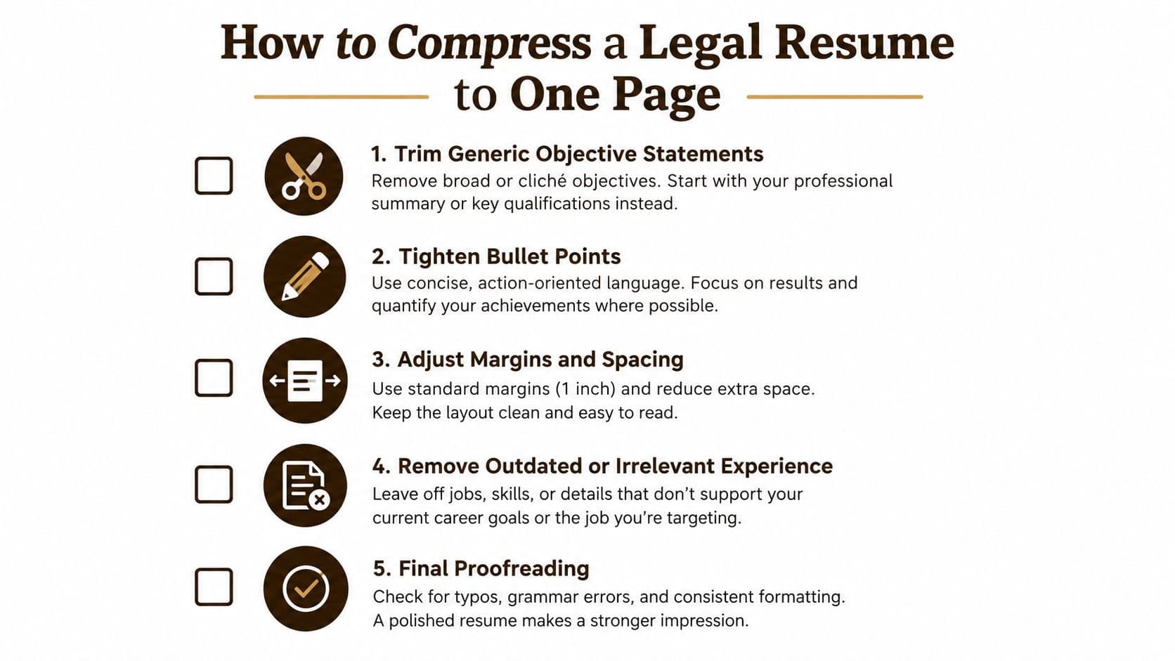 A checklist infographic titled How to Compress a Legal Resume to One Page with five tips.