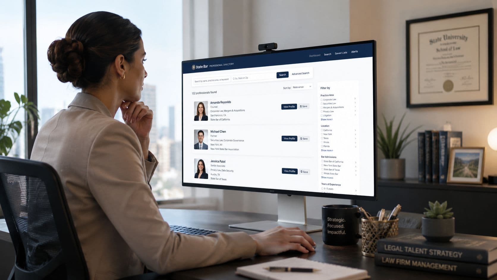 A professional woman uses a computer to search for qualified attorneys on a legal directory website.
