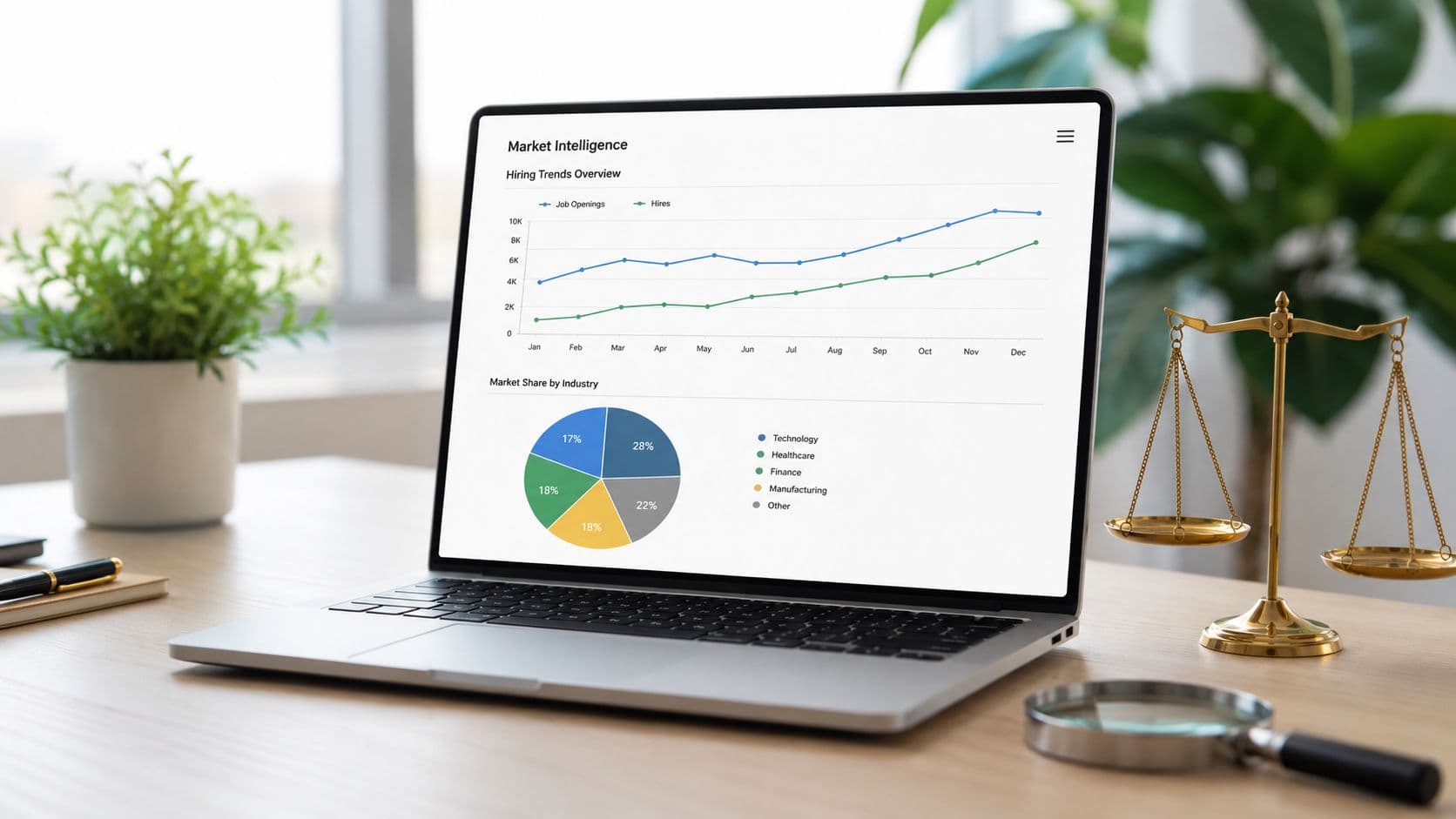A laptop on a wooden desk displaying hiring trend charts and market share data with legal scales.