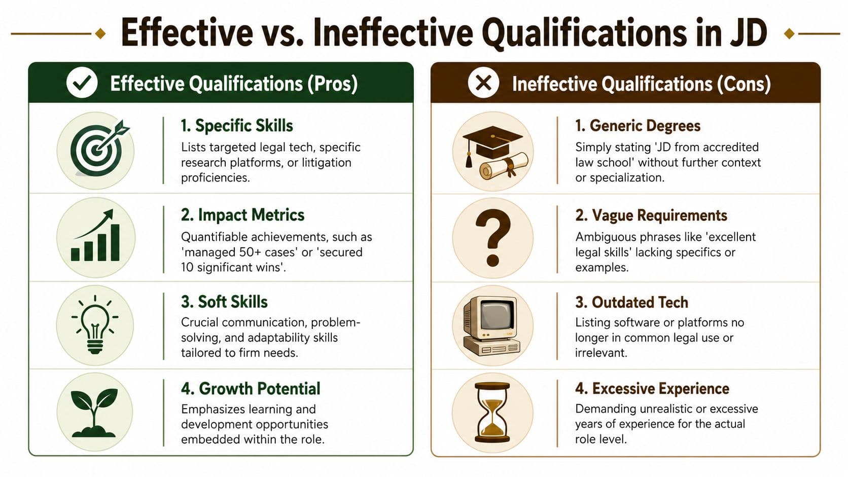 An infographic comparing effective versus ineffective qualifications when writing an attorney job description for legal recruitment.