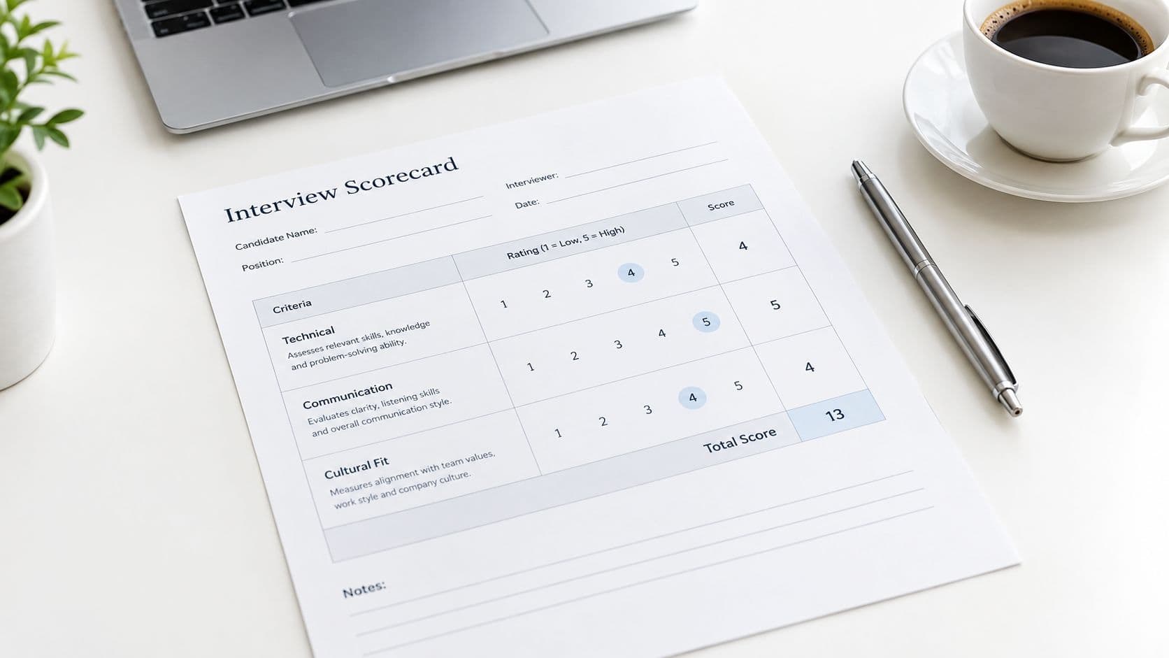 A printed interview scorecard on a white desk with a laptop, a pen, and a coffee cup.