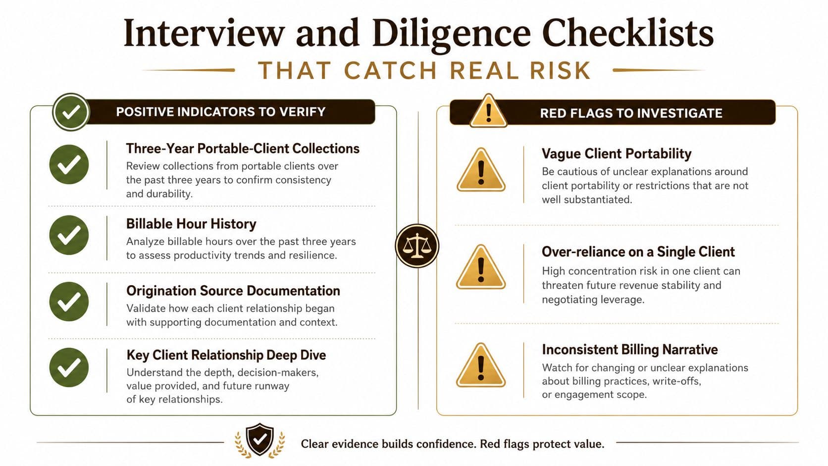 An infographic titled Interview and Diligence Checklists displaying positive indicators for verification and red flags to investigate.