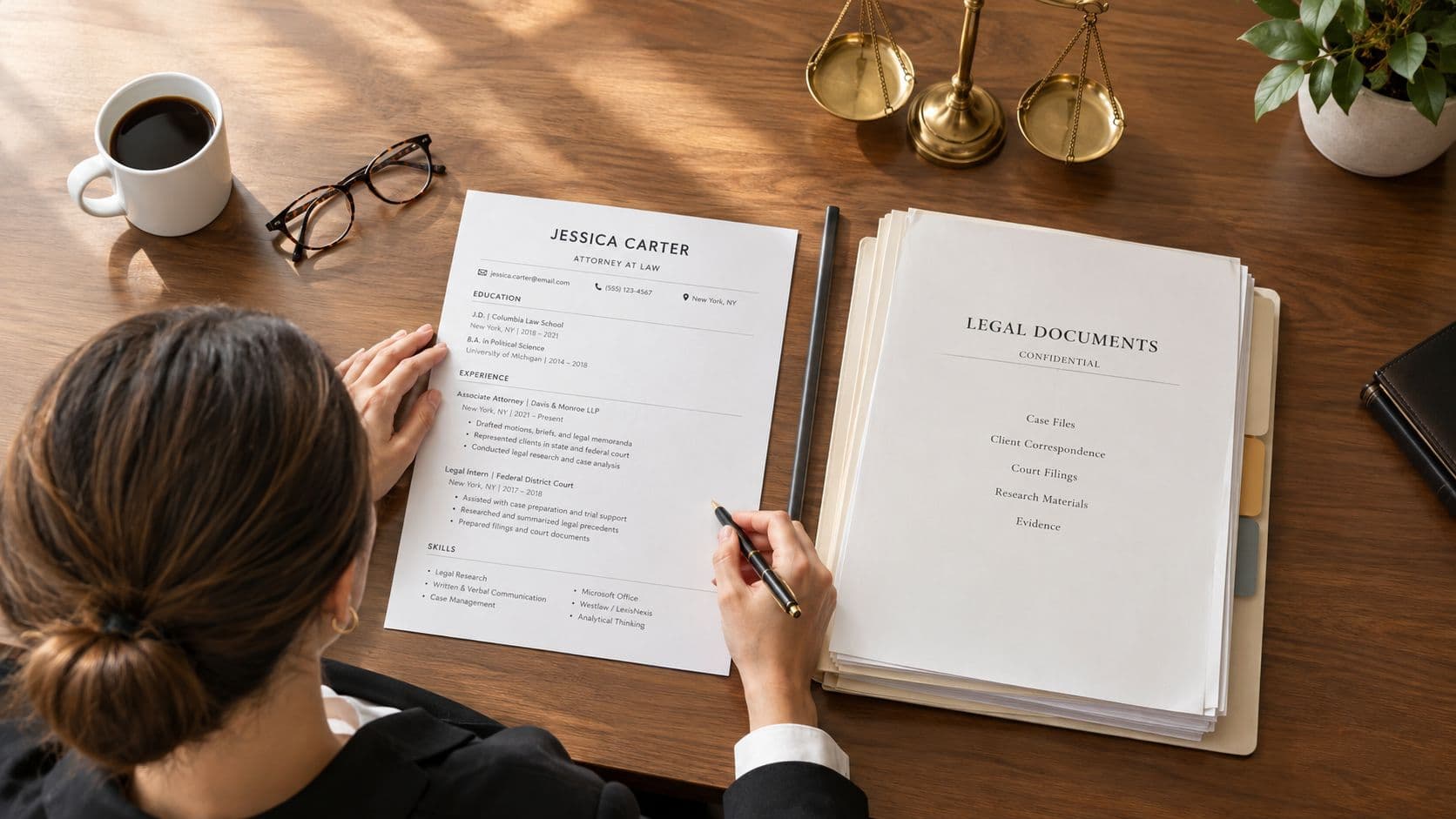 A professional attorney reviews a single page resume at her wooden desk with legal files and scales.