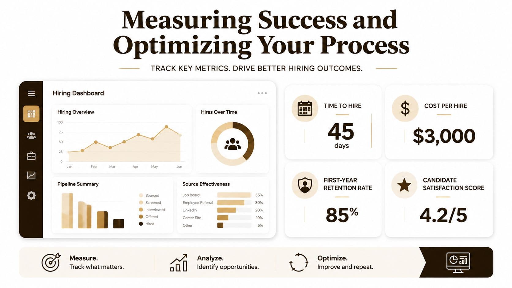 A hiring dashboard graphic displaying key recruiting metrics like time to hire, cost per hire, and retention rate.