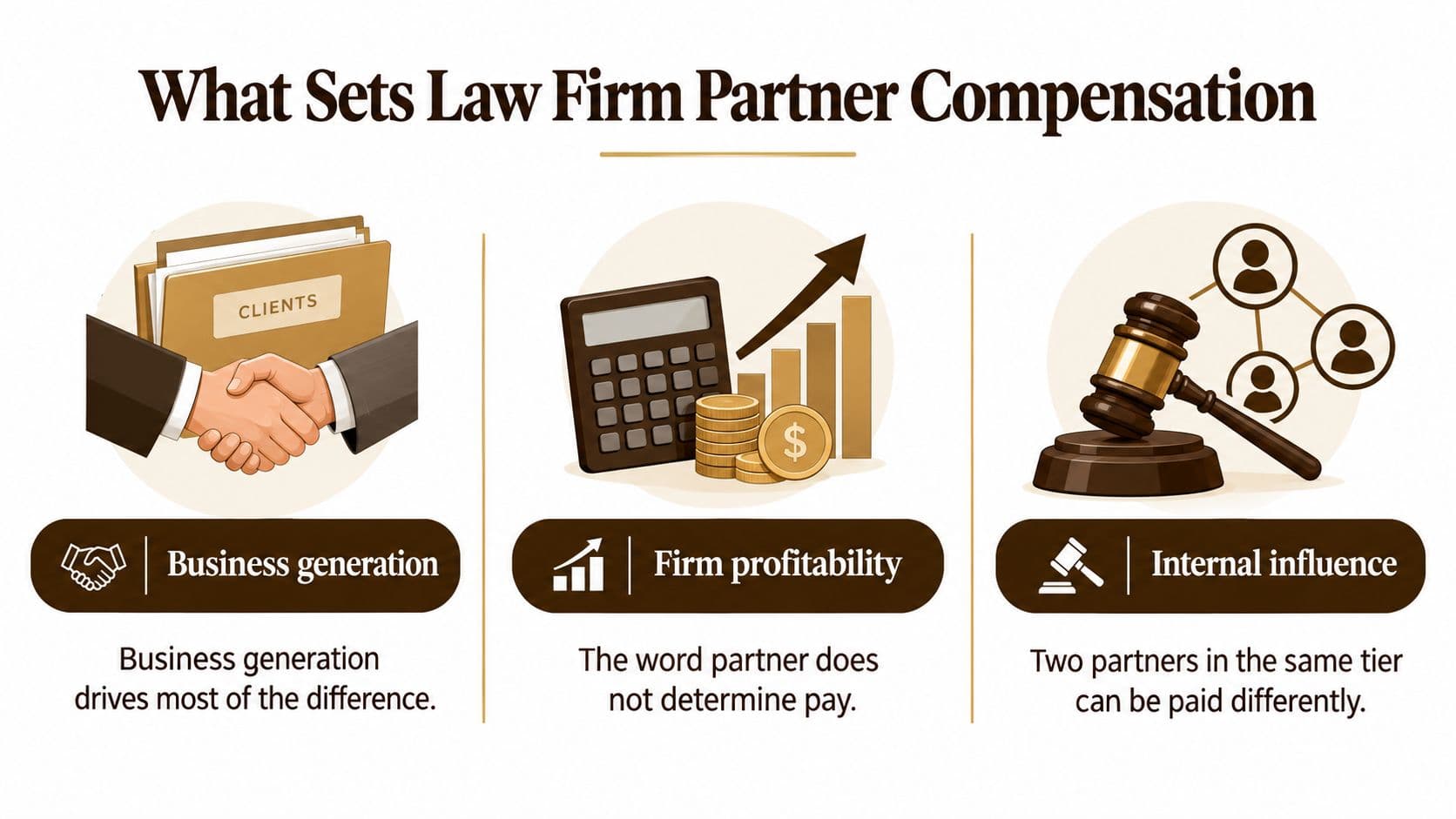 An infographic titled What Sets Law Firm Partner Compensation, displaying business generation, firm profitability, and internal influence factors.