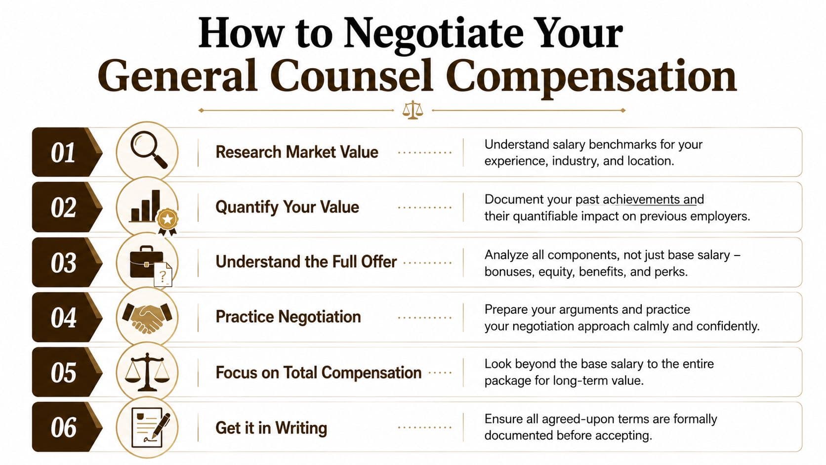 An infographic titled How to Negotiate Your General Counsel Compensation listing six numbered career advice steps.