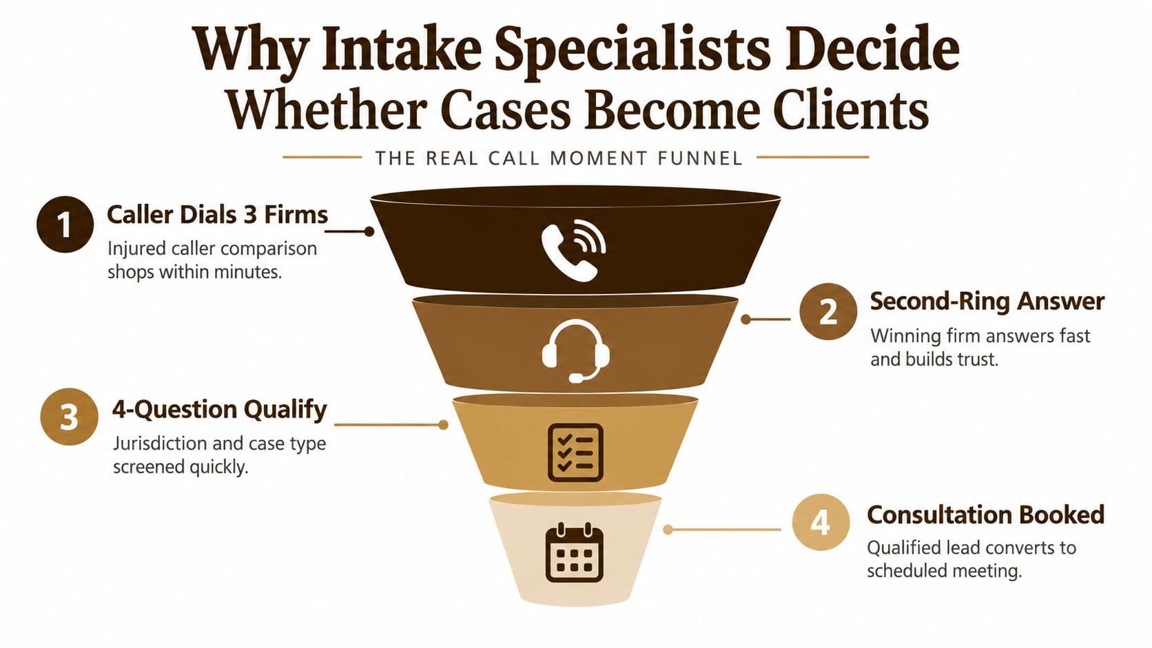 A funnel diagram explaining the four-step process intake specialists use to convert legal callers into clients.