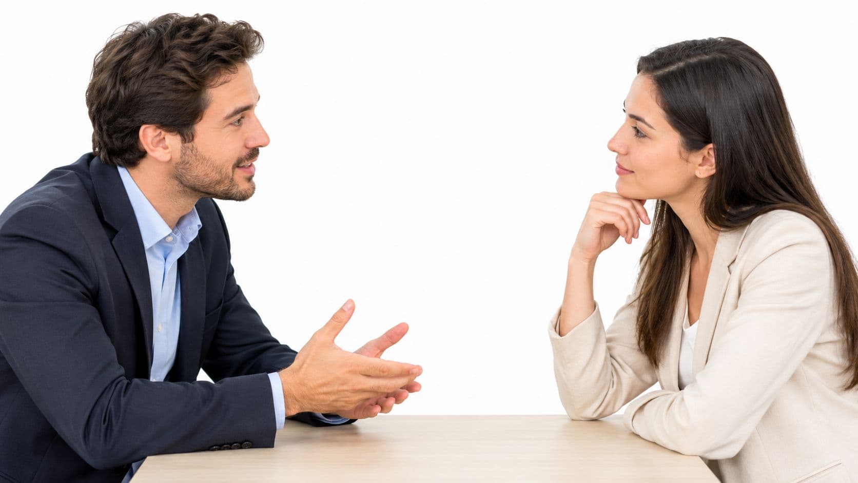 A professional man and woman having a conversation across a wooden table during a job interview.