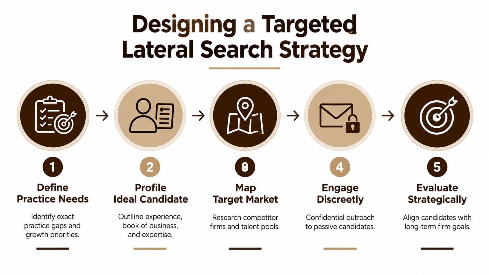 A five-step flowchart illustrating a strategic process for hiring lateral candidates within a law firm.