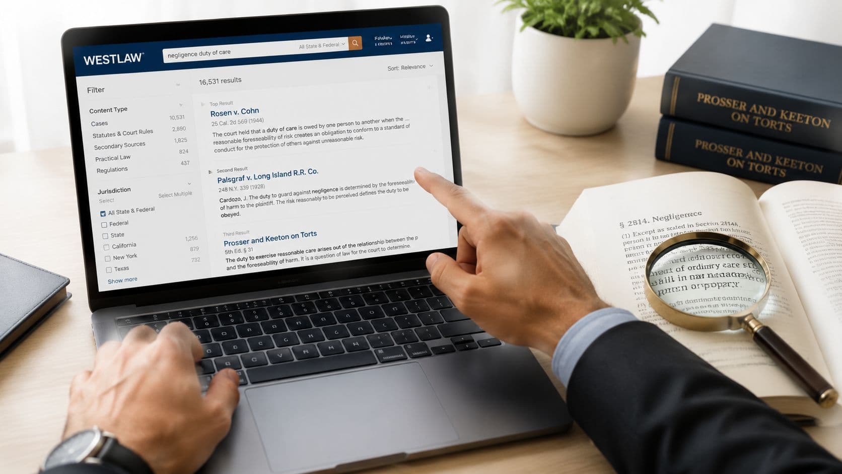 A professional lawyer using Westlaw on a laptop while conducting legal research with a magnifying glass.