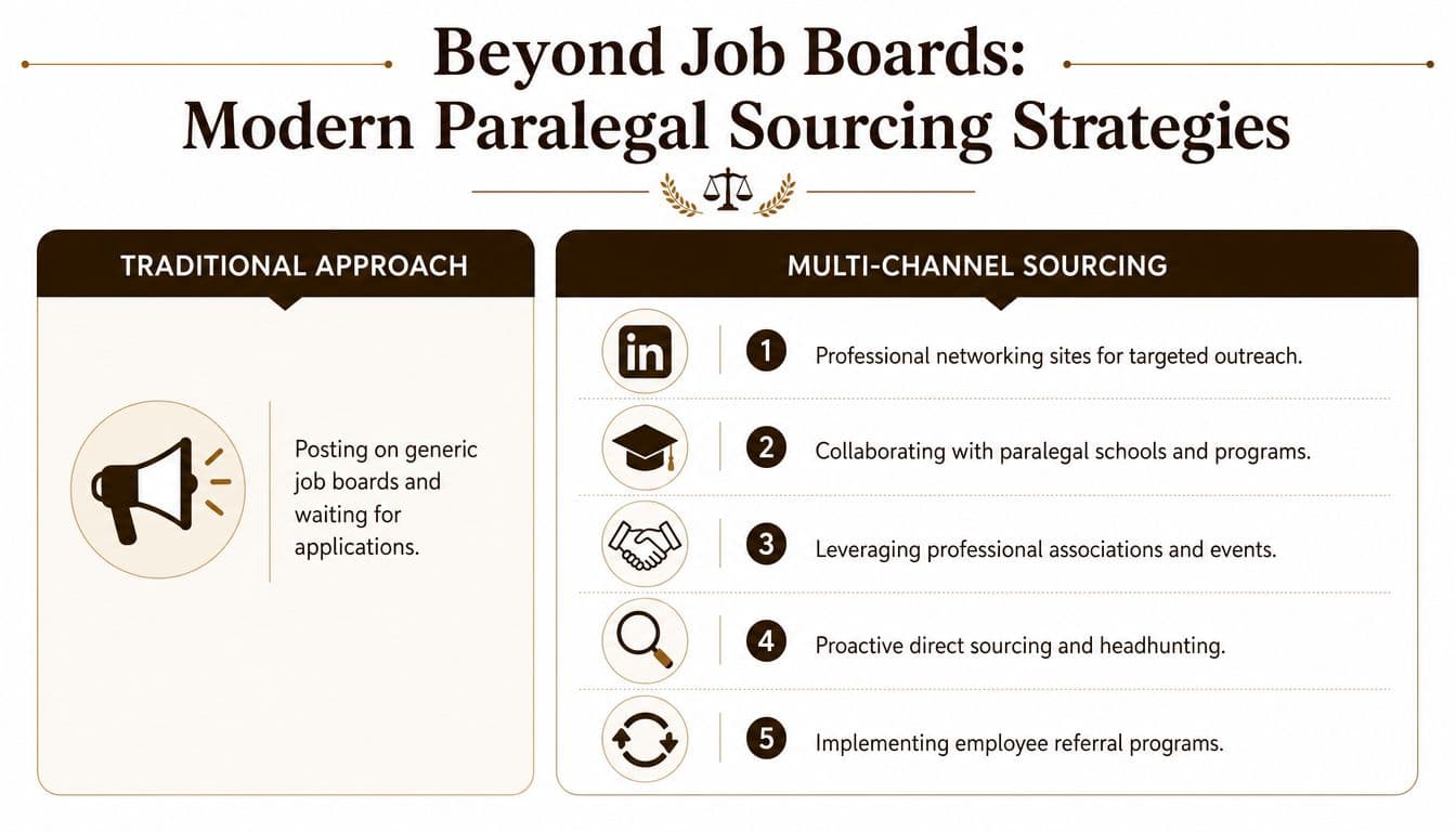 An infographic comparing traditional job board posting methods with modern multi-channel paralegal recruiting strategies.