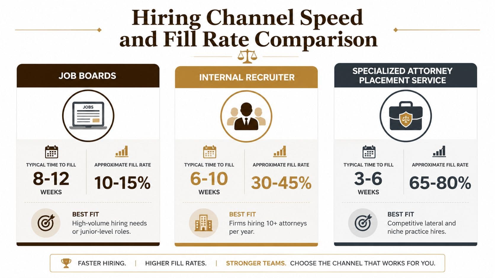 A comparison chart showing hiring speed and fill rates for job boards, internal recruiters, and attorney placement services.