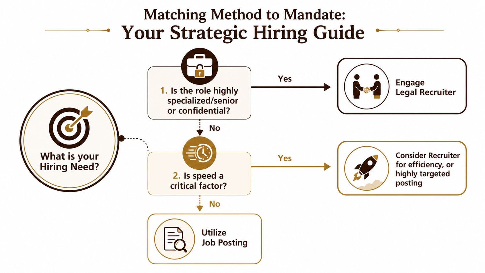 A flowchart guide illustrating how to select between hiring a legal recruiter or using job postings.