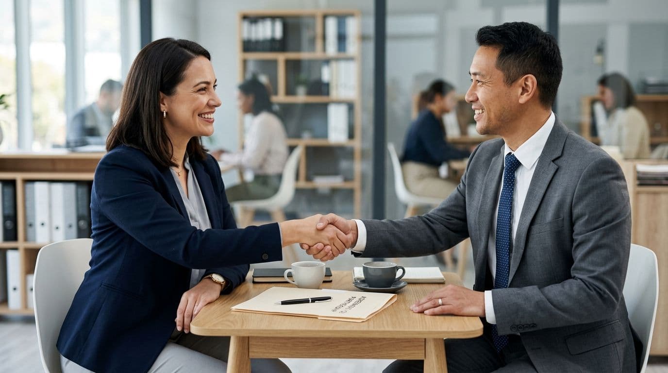 A professional woman and man shaking hands across a table during a business meeting in an office.