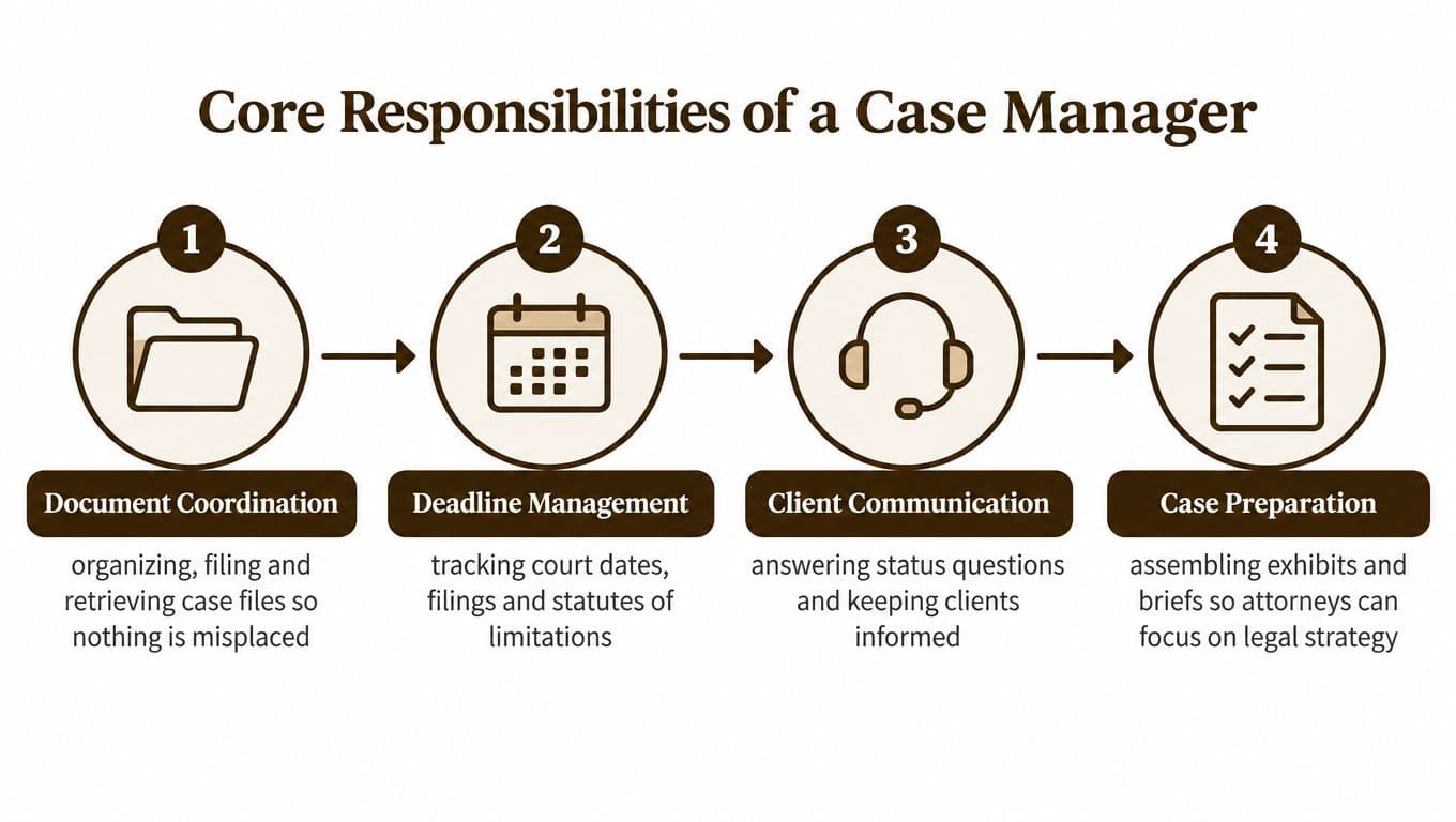 A diagram outlining the four core responsibilities of a law firm case manager in sequential steps.
