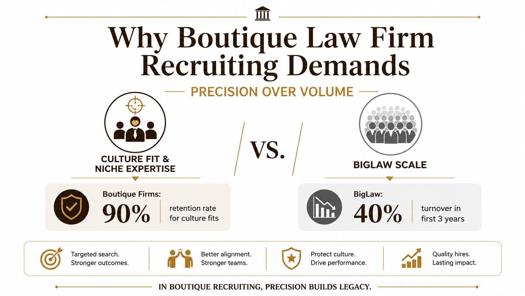 An infographic comparing boutique law firm precision recruiting to the high-turnover scale of large law firms.