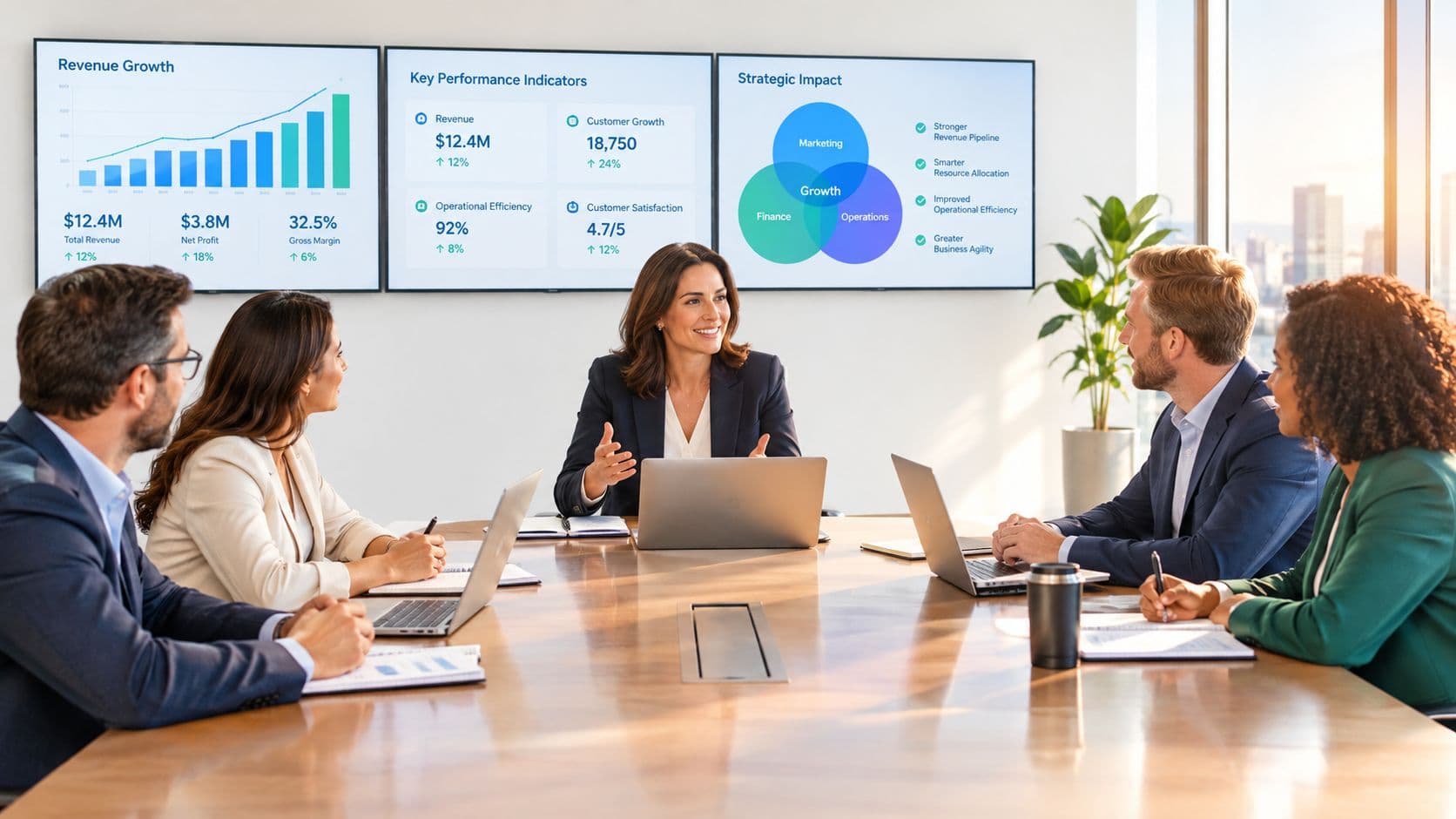 A professional team of business executives having a strategic discussion in a modern office boardroom meeting.