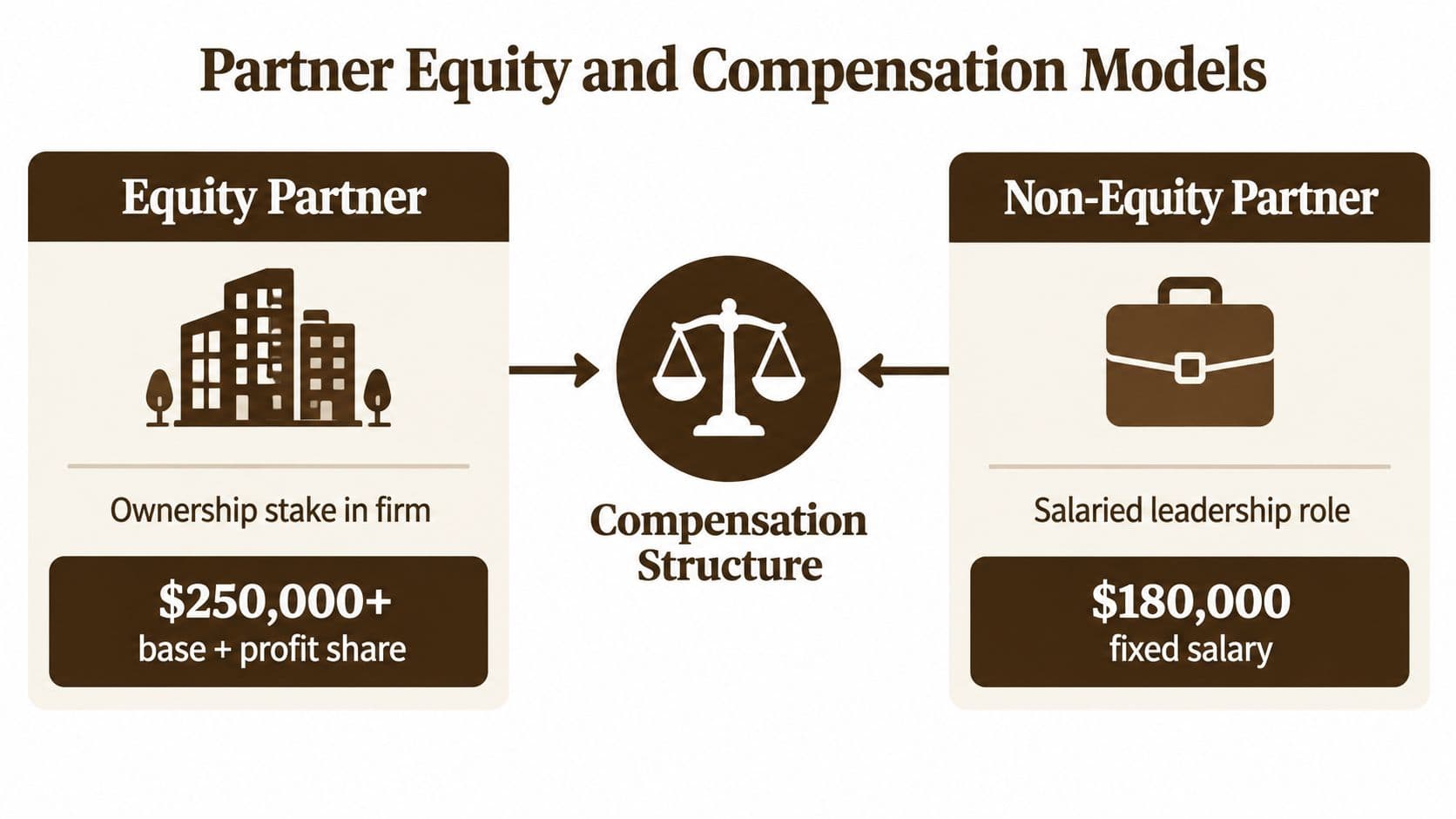 A diagram comparing compensation models between equity partners with profit shares and non-equity salaried leadership roles.