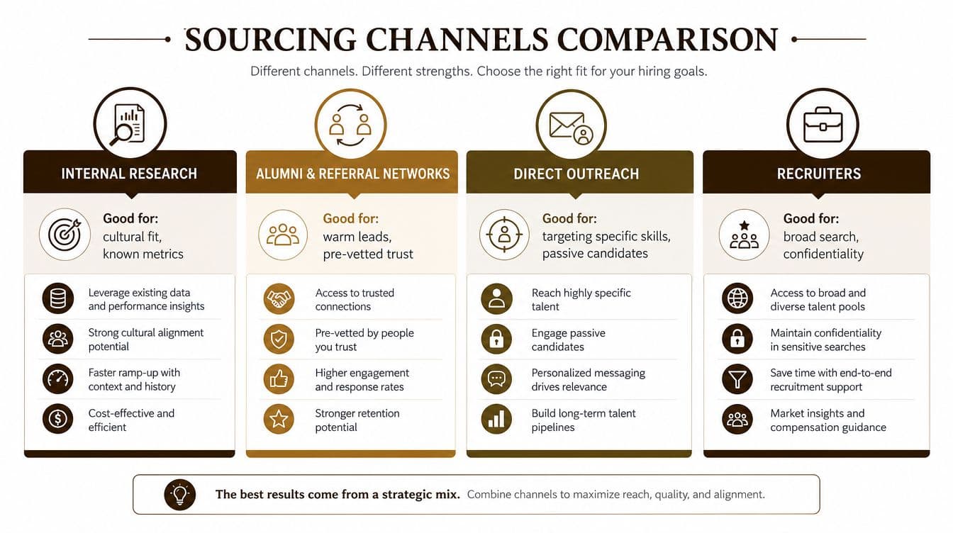 A comparison chart outlining four recruitment sourcing channels: internal research, alumni networks, direct outreach, and professional recruiters.