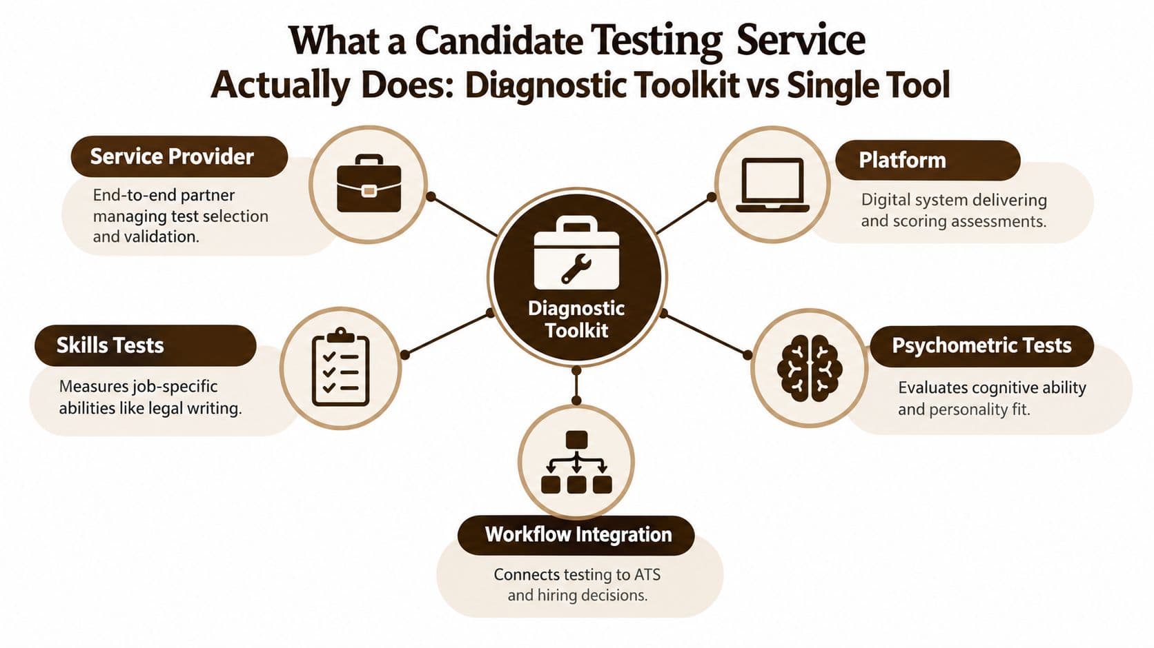 An infographic titled What a Candidate Testing Service Actually Does, showing components like a diagnostic toolkit, platform, and integration.