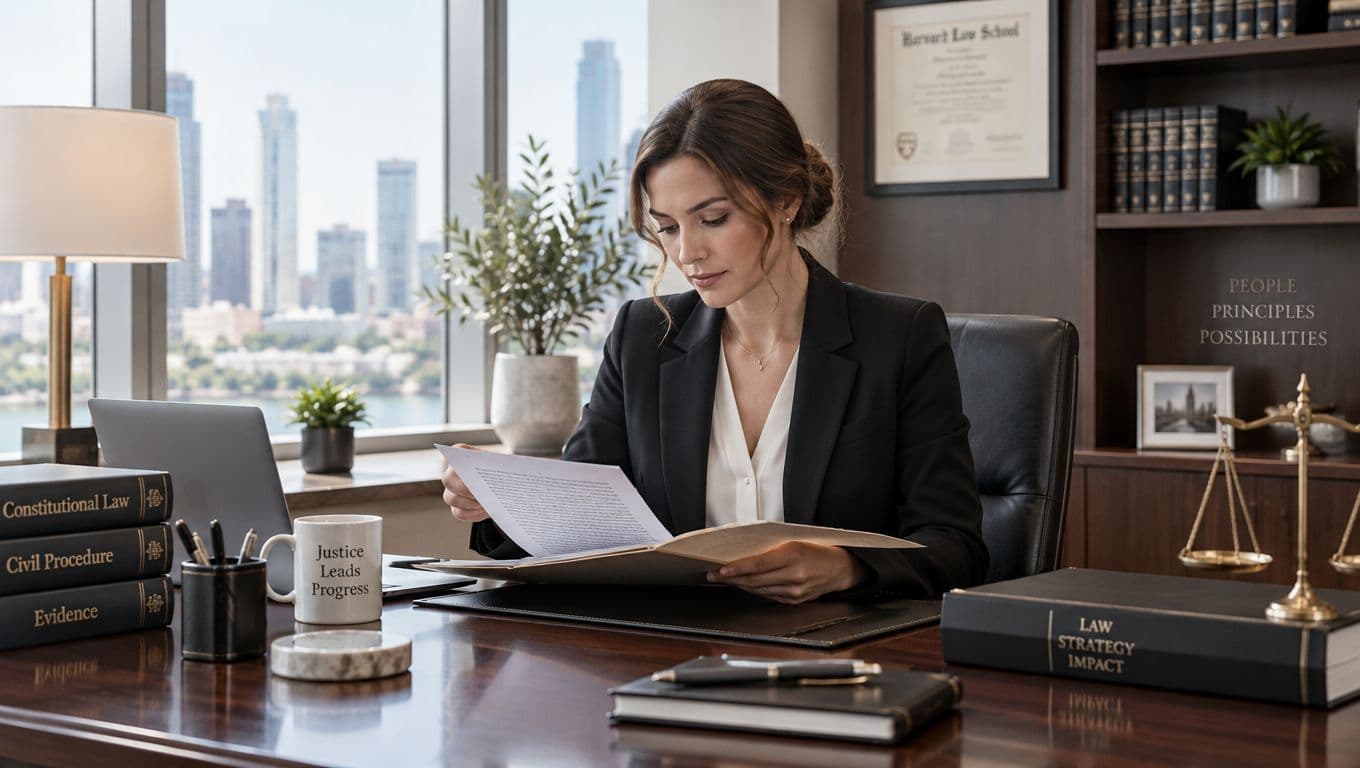 A professional female attorney reviewing documents at her desk in a modern high-rise law office setting.