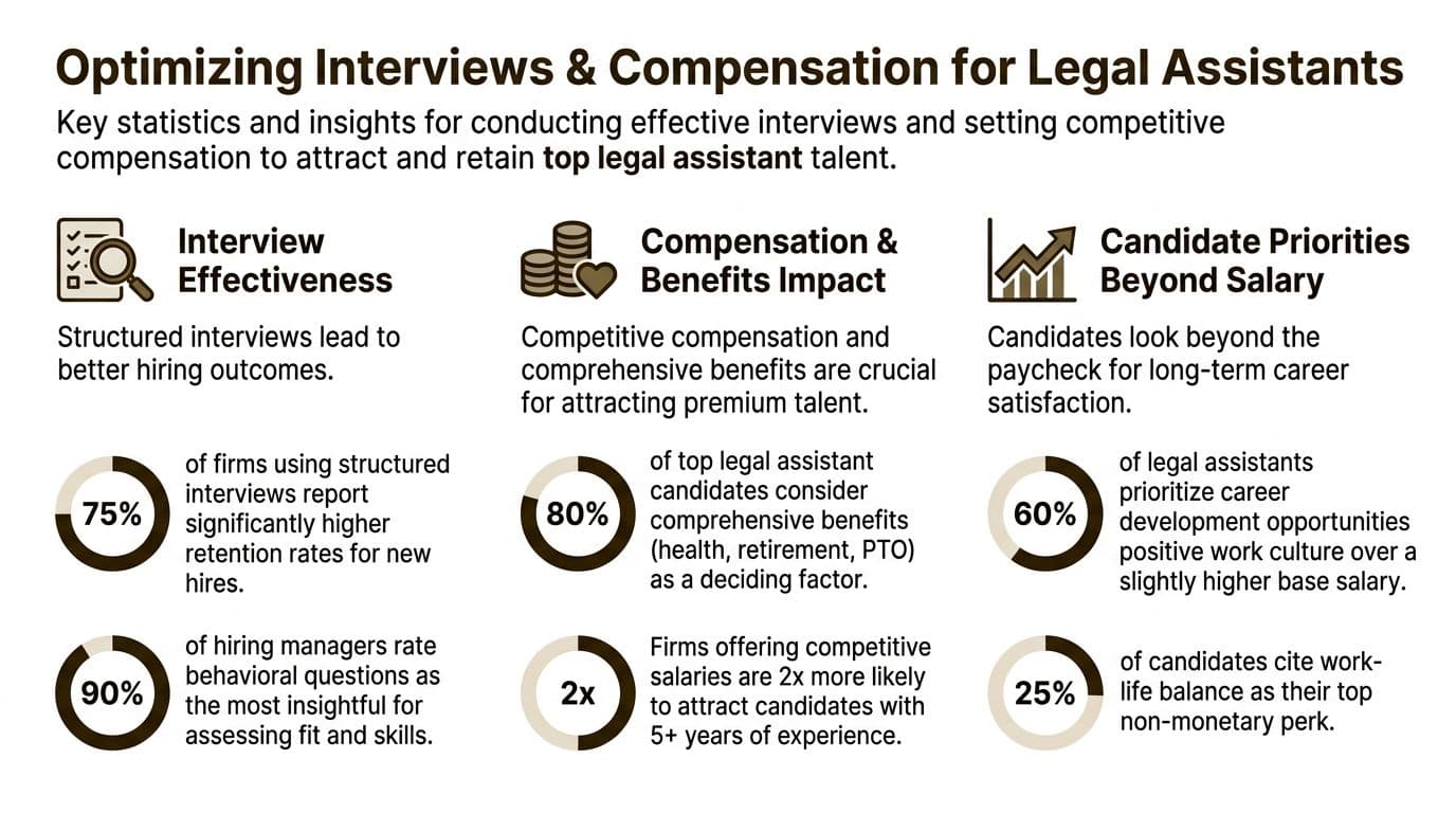 An infographic showing key statistics for optimizing interviews and compensation when recruiting legal assistants.