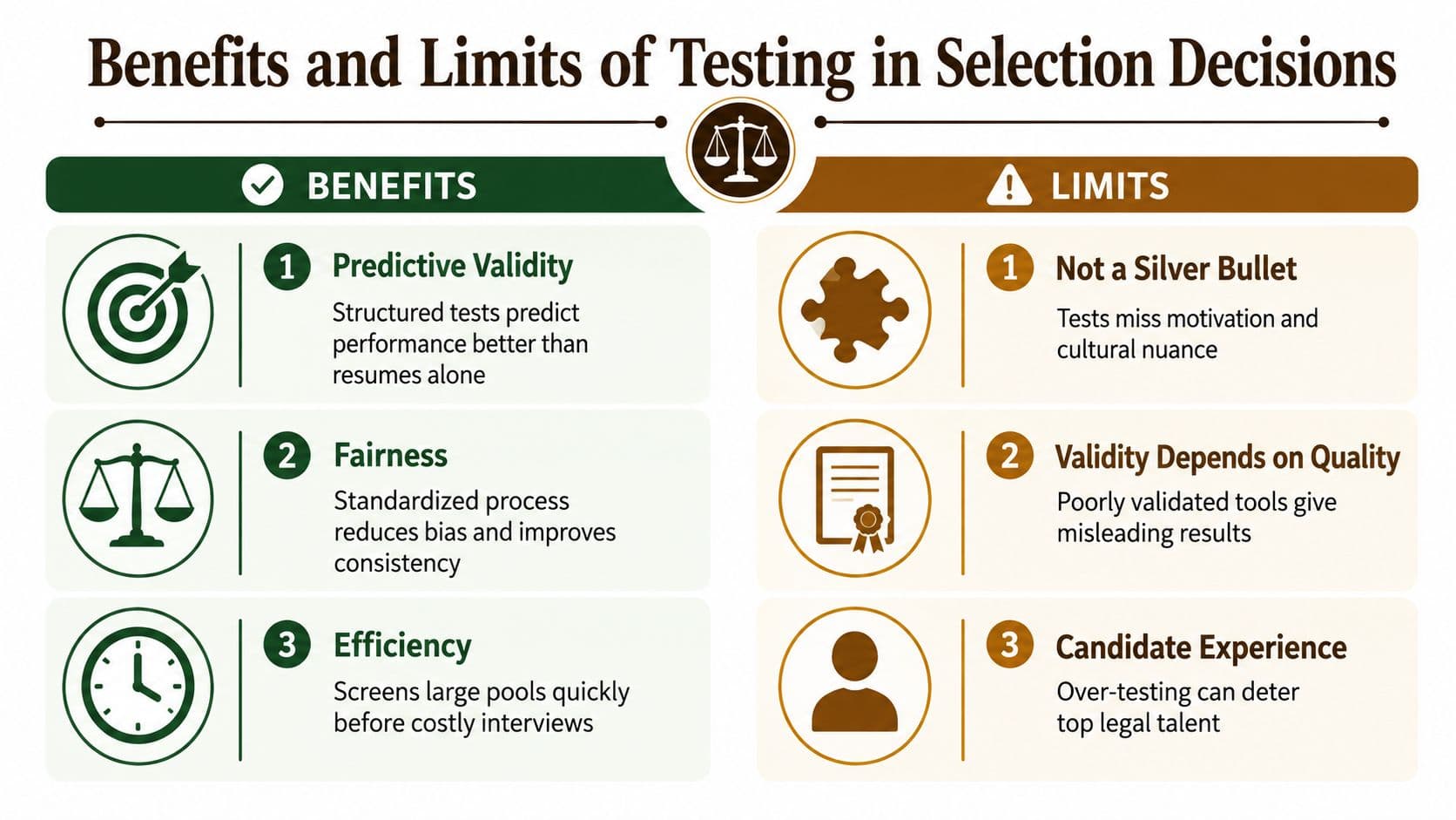 An infographic comparing the key benefits and limitations of using professional testing in candidate selection processes.