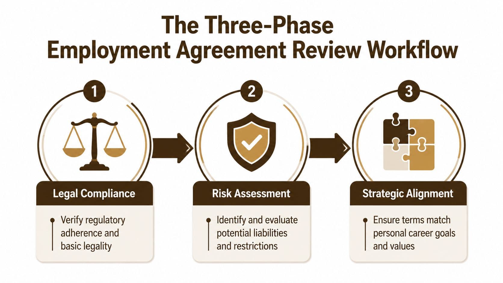 A diagram outlining the three phases of an employment agreement review: legal compliance, risk assessment, and strategic alignment.