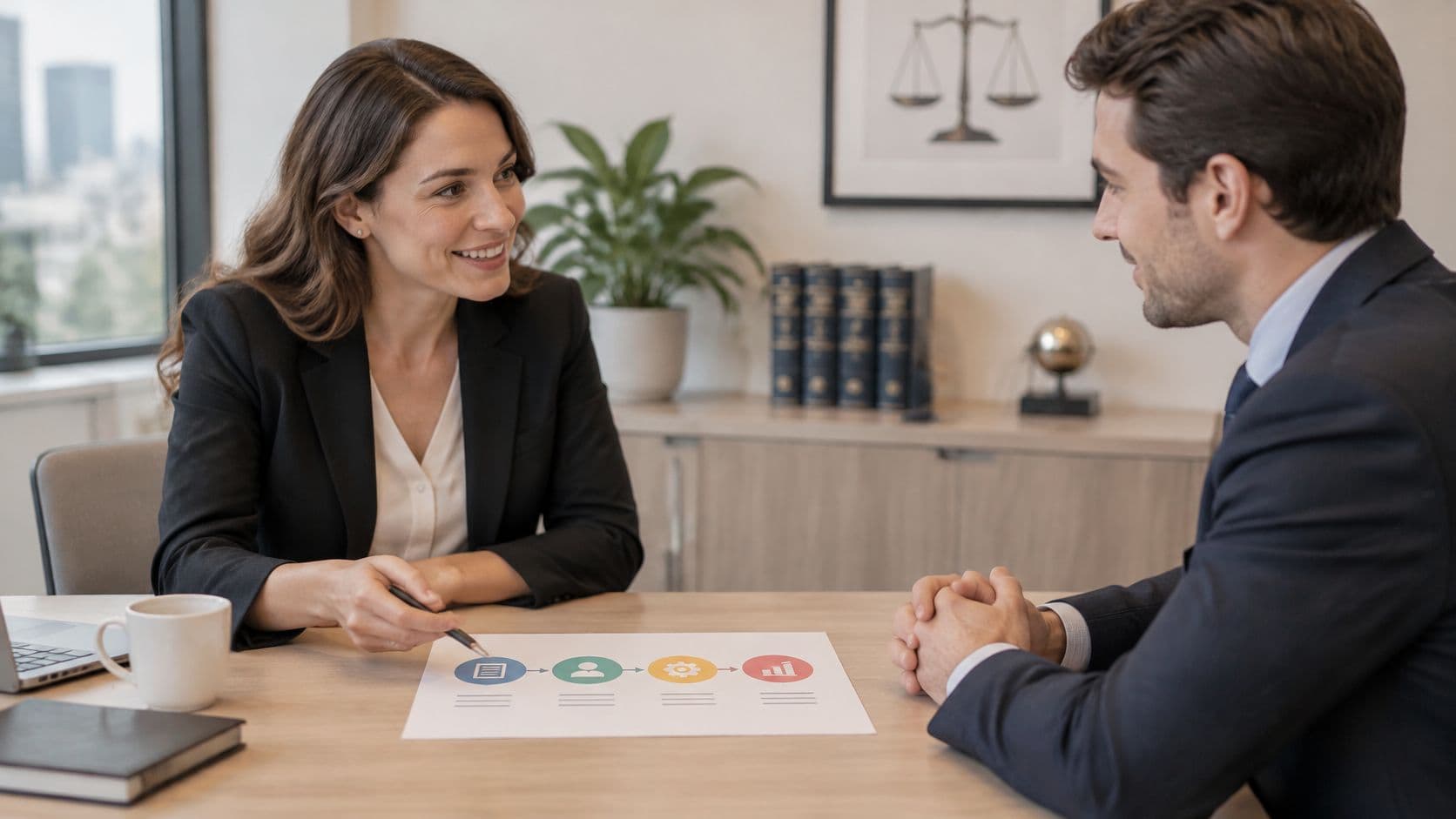 A professional woman in a suit explains a process chart to a male candidate during an interview.