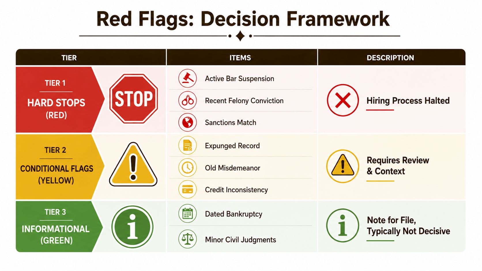 A decision framework chart for attorney background checks showing tiers of red flags, yellow conditional flags, and green information.