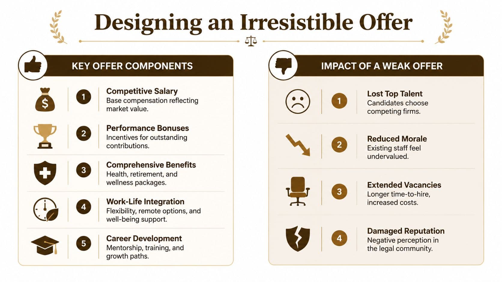 An infographic titled Designing an Irresistible Offer, comparing key recruitment components against the negative impact of weak offers.