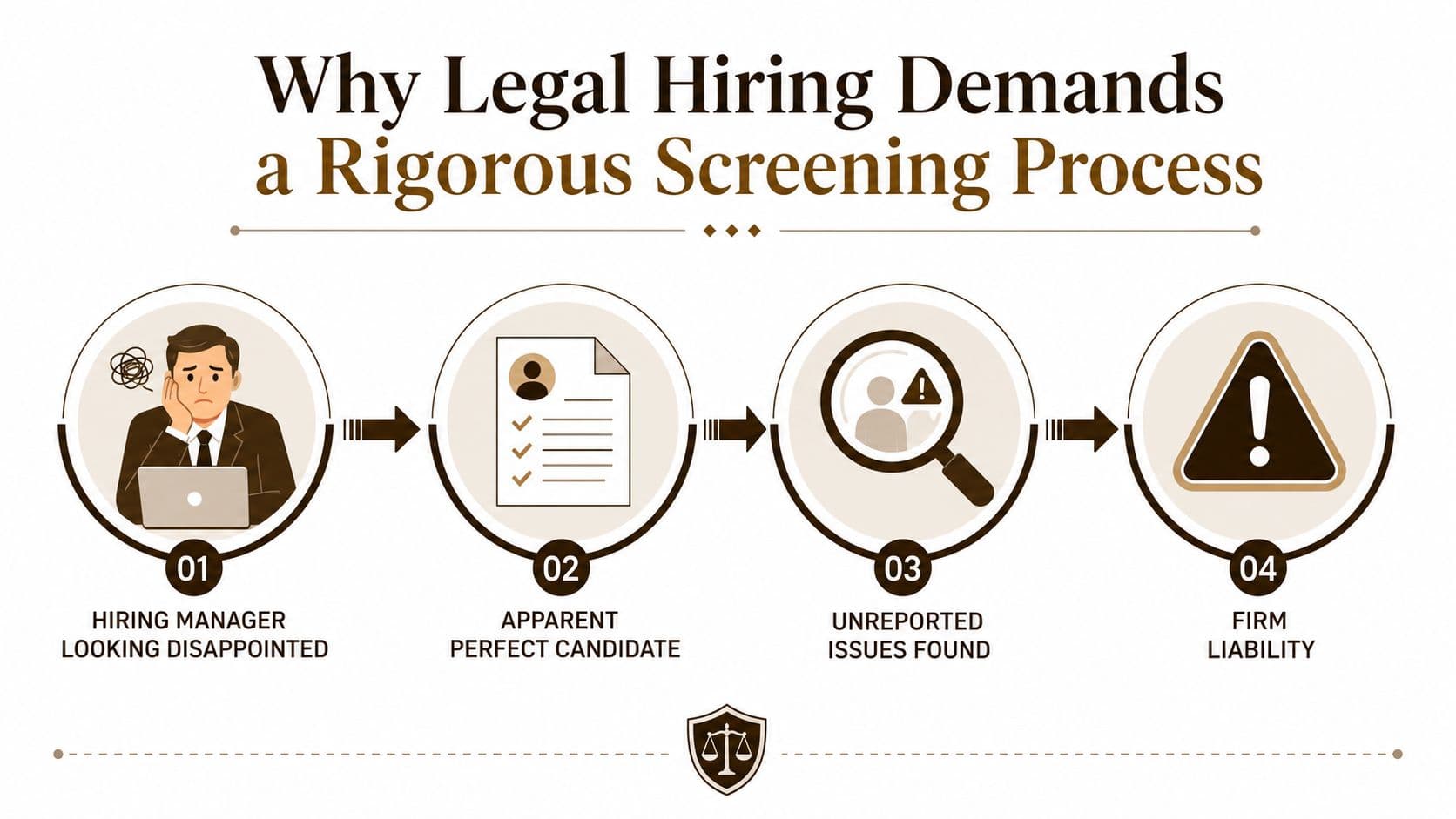 An infographic illustrating the risks of poor legal hiring through a four-step screening process timeline.
