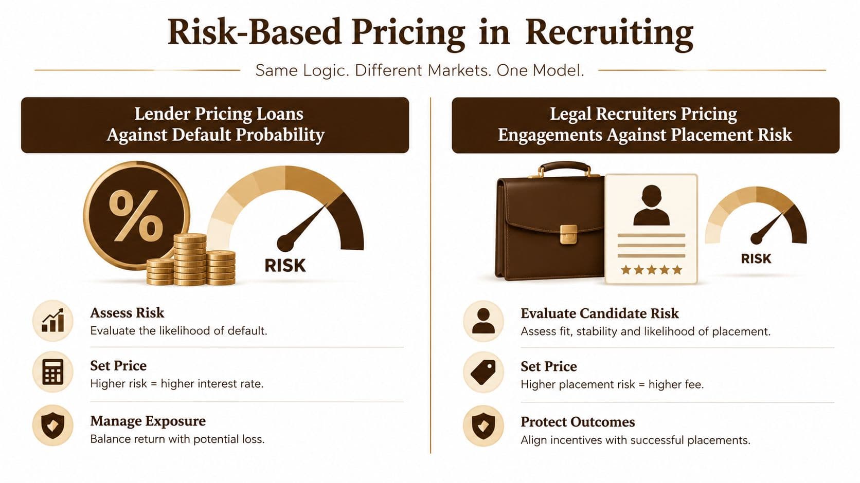 An infographic comparing risk-based pricing in lending and legal recruiting with models for evaluating risk and fees.