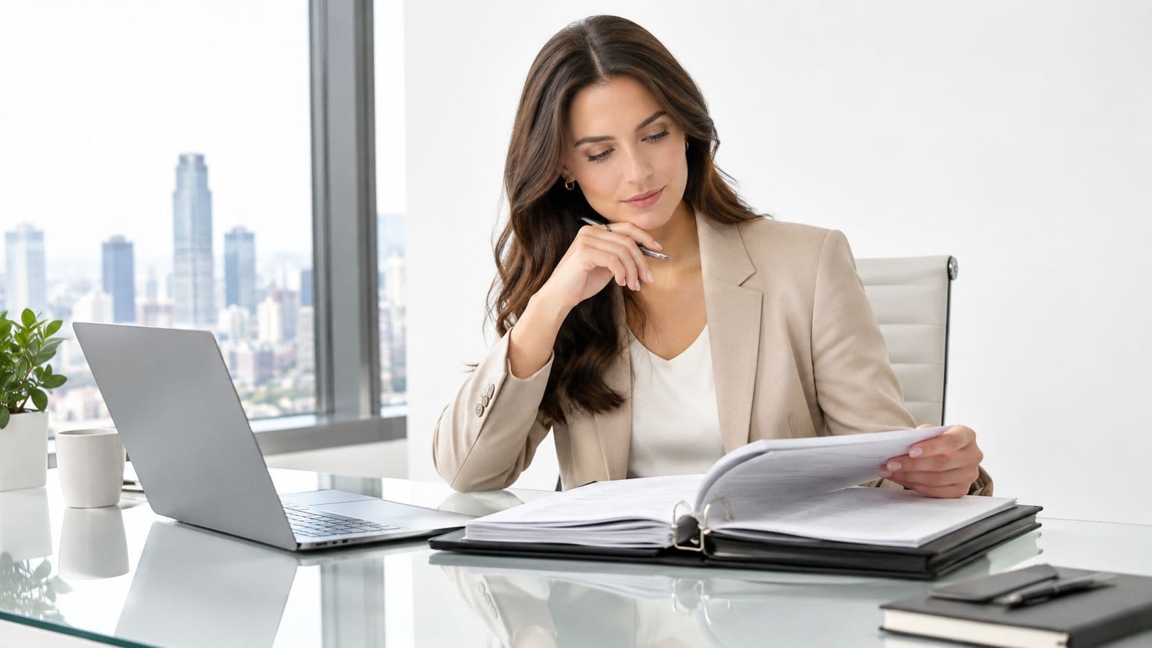 A professional woman in a beige blazer reviews documents at a desk in a bright office.