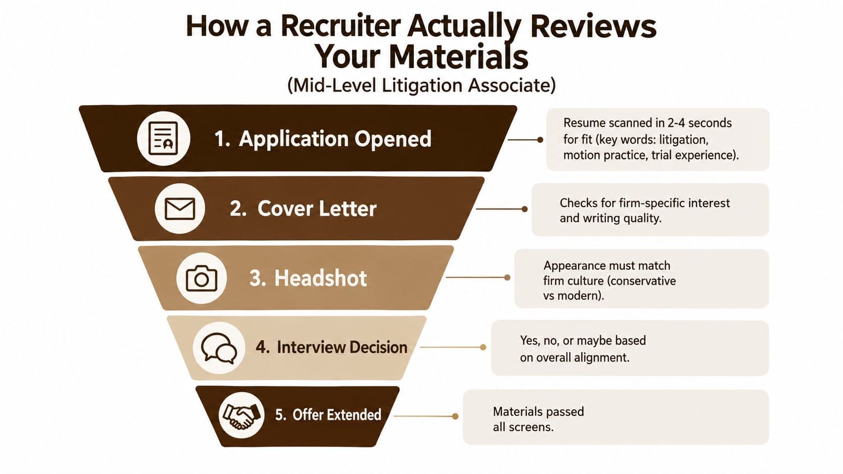 A funnel infographic detailing the five steps a legal recruiter takes when reviewing a job application.