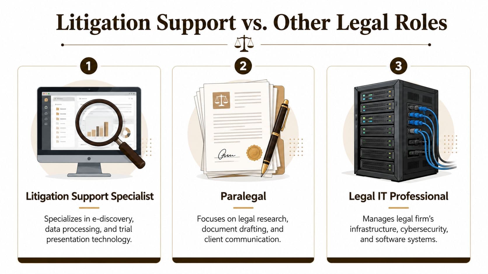 A comparison infographic showing the roles of a litigation support specialist, paralegal, and legal IT professional.