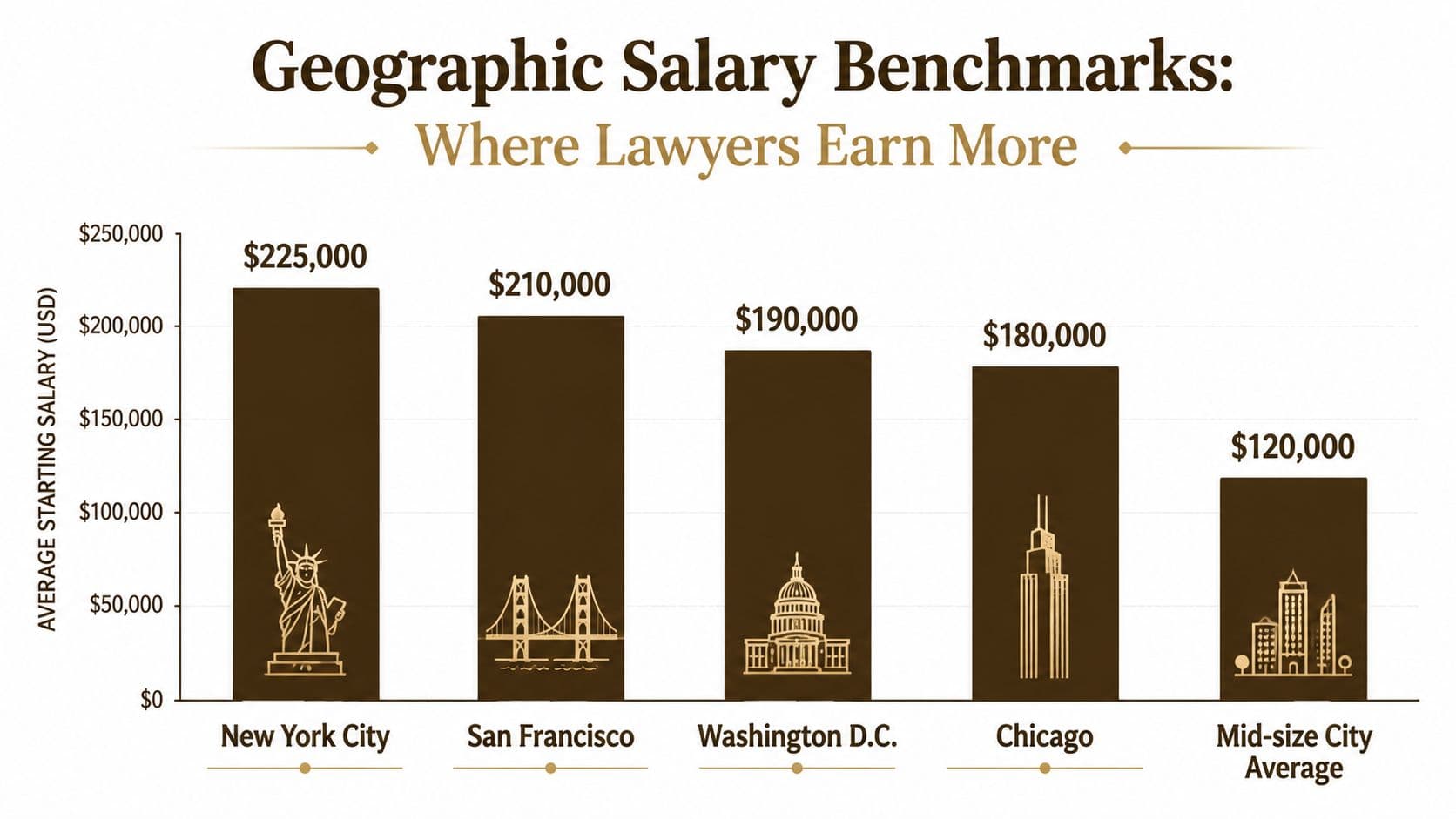 A bar chart comparing average starting salaries for lawyers across different major US cities.