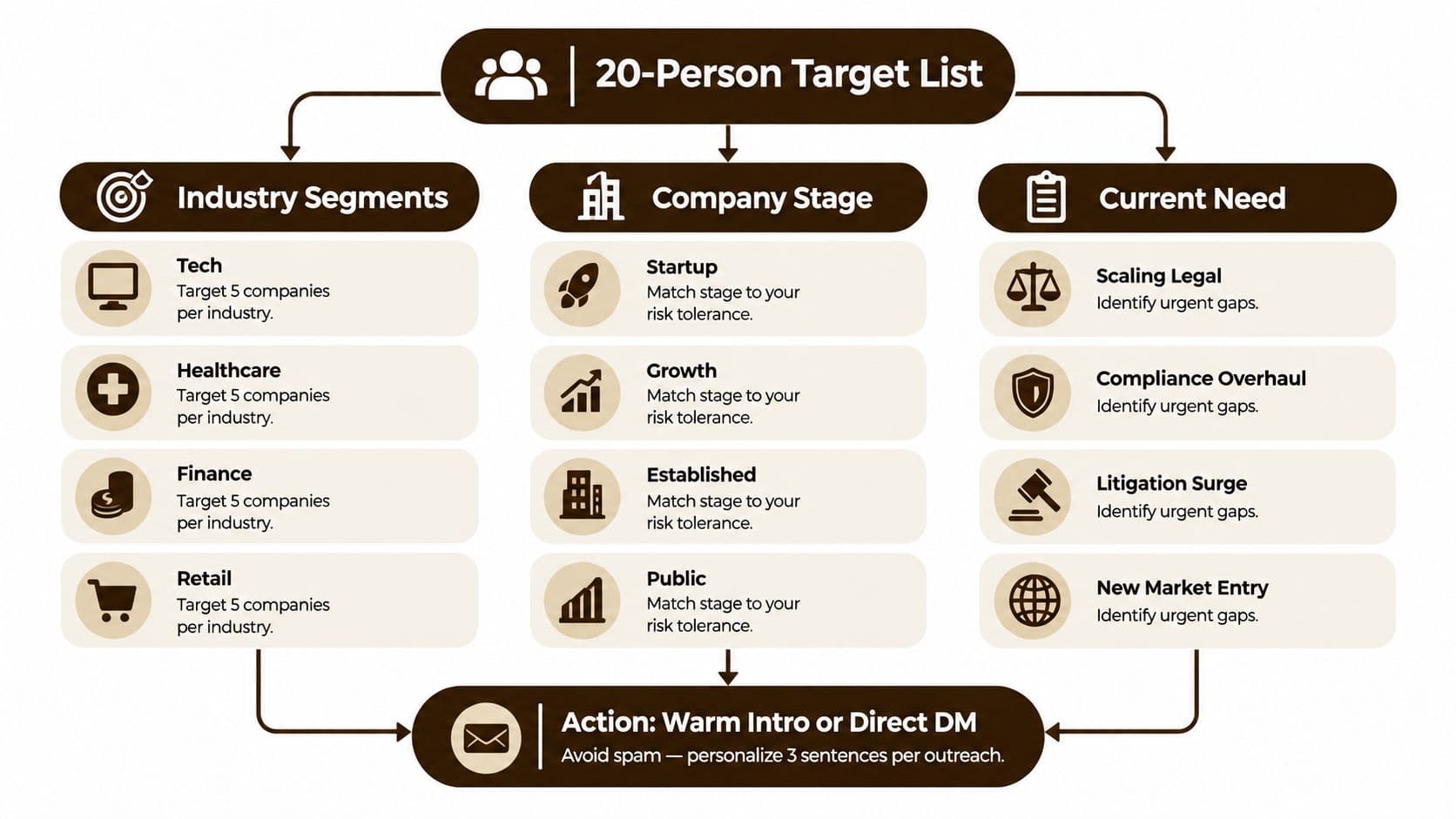 A strategic flowchart showing how to build a 20-person target list for professional outreach and networking.