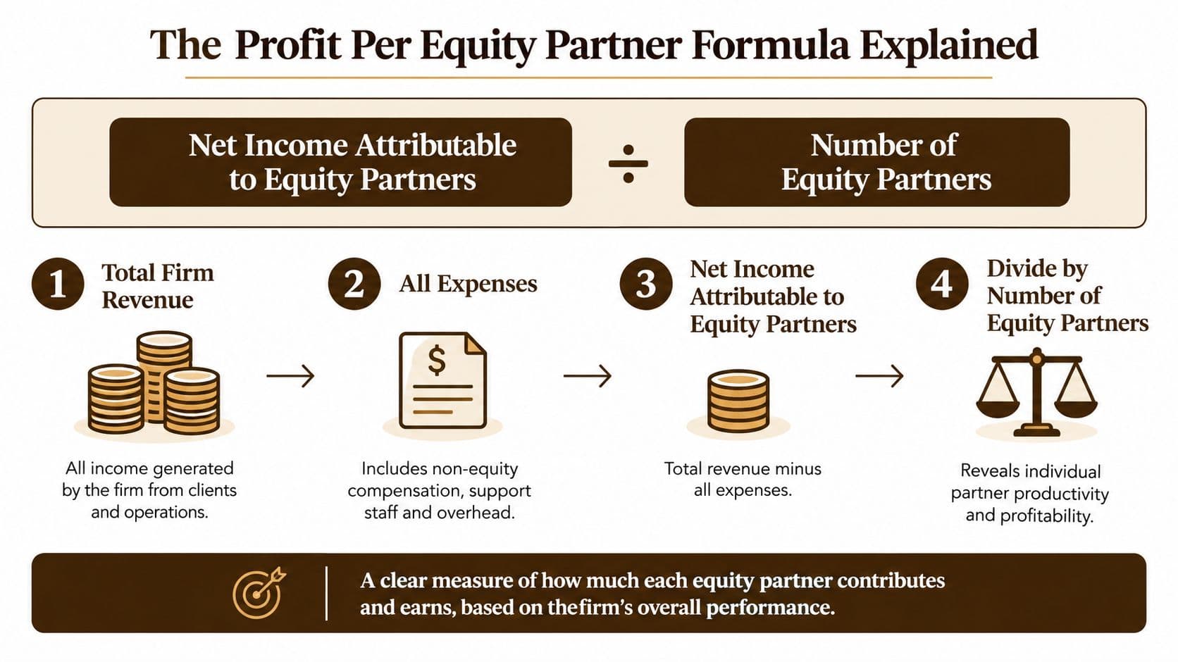 A diagram illustrating the Profit Per Equity Partner formula through a four-step accounting calculation process.