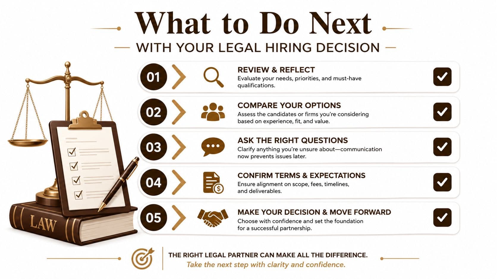 A checklist infographic titled What to Do Next with Your Legal Hiring Decision with five steps.