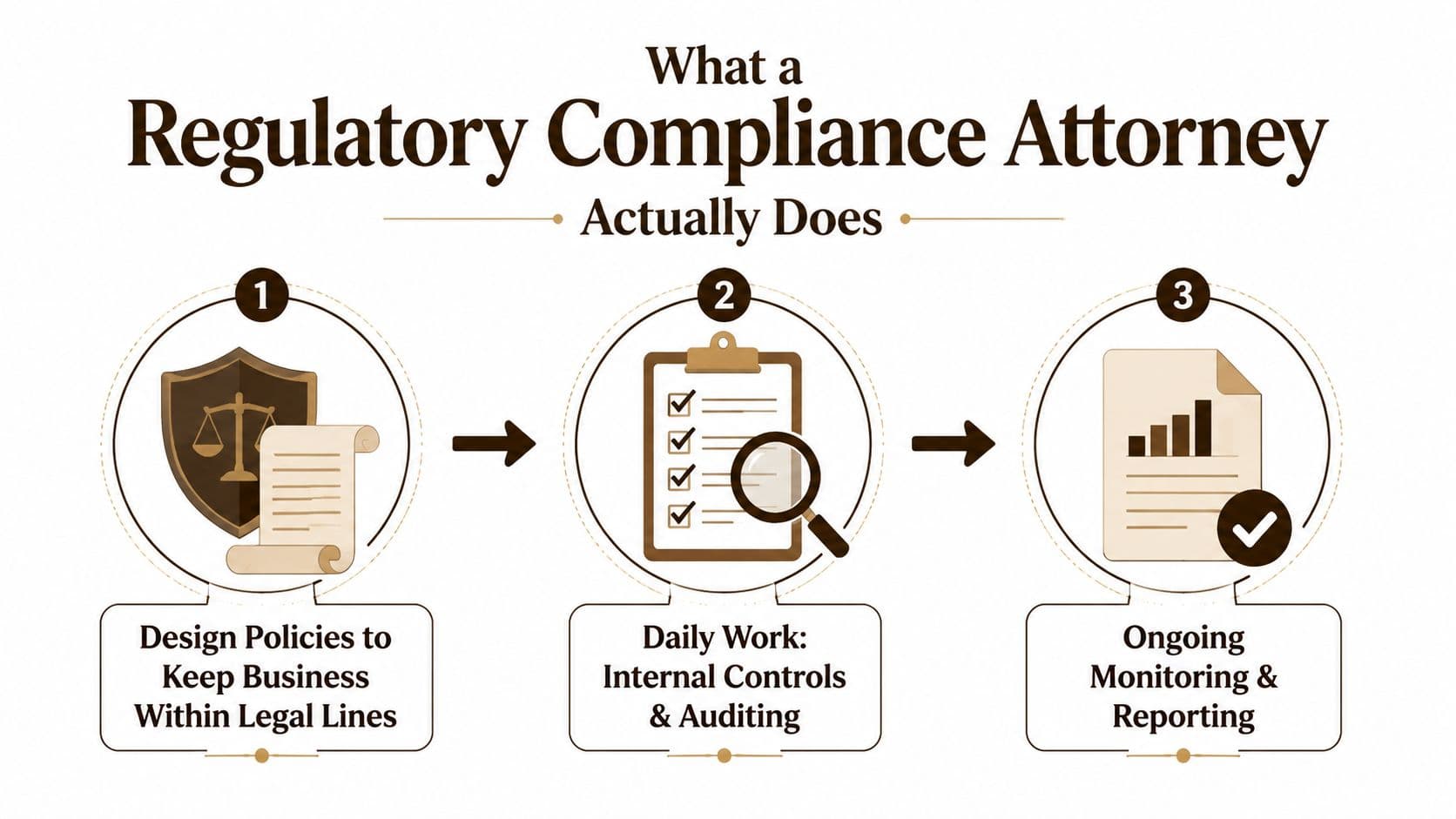 A three-step infographic outlining the key responsibilities of a regulatory compliance attorney in business operations.
