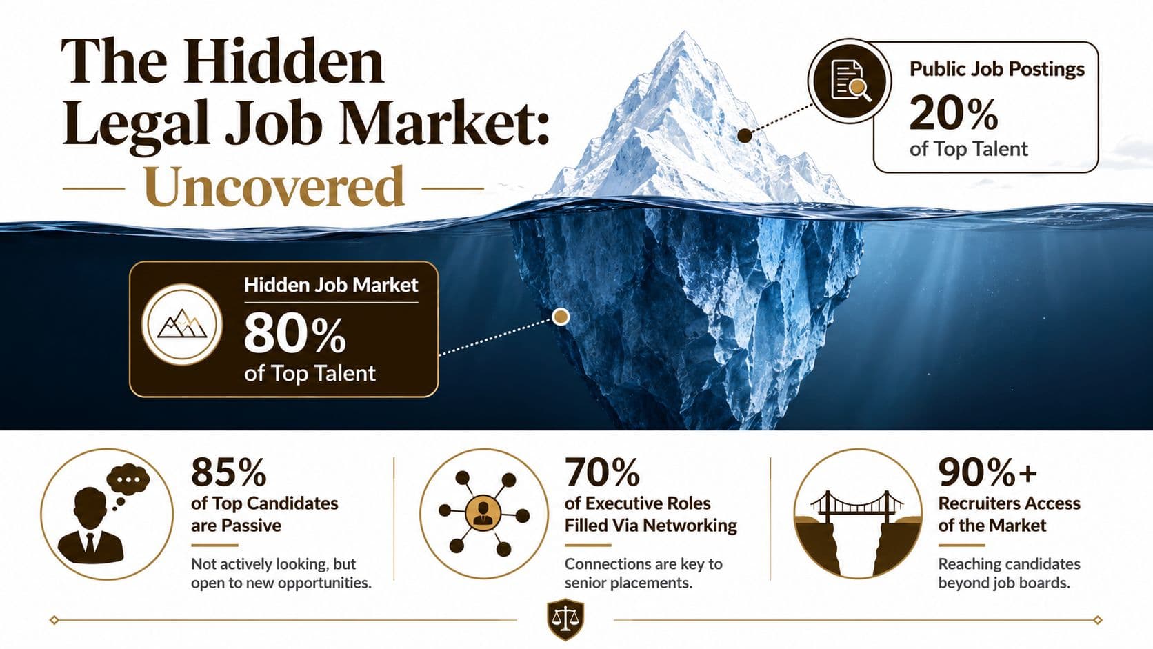 An infographic visualizing the hidden legal job market iceberg, highlighting statistics on networking and passive recruitment.